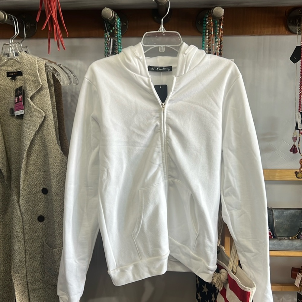 White hooded, zip up sweatshirt